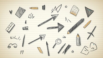 Hand drawn elements scattering across lined paper background. Arrows, pencils, geometric shapes, and scribbles representing creative brainstorming and visual thinking process