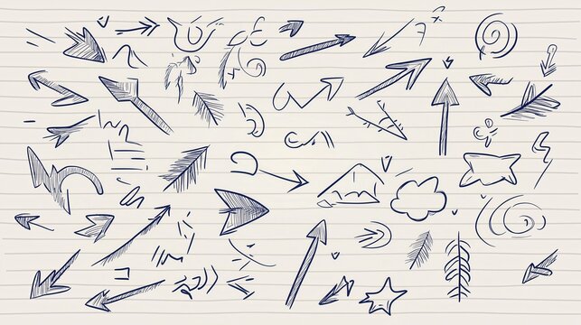 Hand drawn arrows, mathematical symbols, and playful doodles scattered across lined notebook paper, illustrating brainstorming, communication, and creative thinking processes