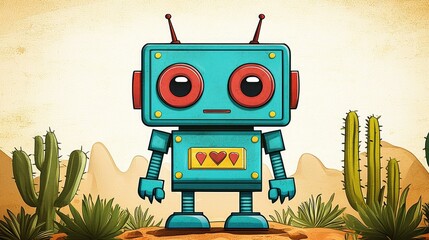 Fototapeta premium Retro Robot Stands in a Desert Landscape