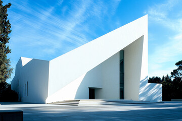 Unique modern architecture stands out against a clear blue sky in a serene outdoor setting. Generative AI