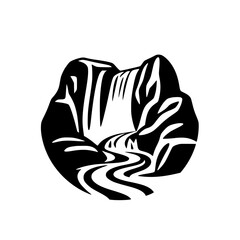 Waterfall cascade vector illustration depicting a stylized black and white minimalist waterfall scene.
