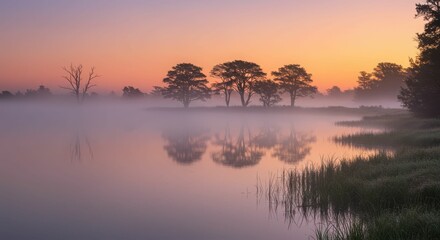 Obraz premium Tranquil sunrise over misty lake with silhouetted trees