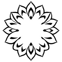 Black-and-white floral design of leaves and petals, radiating from the center, creates a symmetrical, round, and circular pattern.