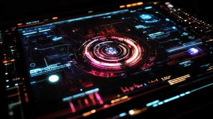 Obraz premium Futuristic digital interface with glowing circular HUD.