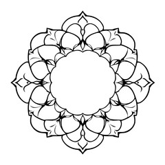 Intricate black and white mandala pattern with a central circular void.