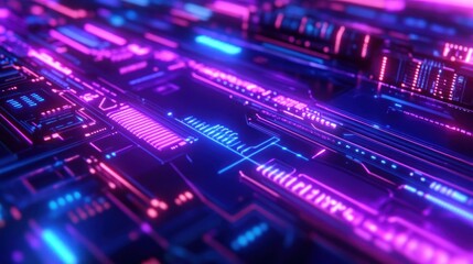 Obraz premium Abstract glowing circuit board with pink and blue neon lights.