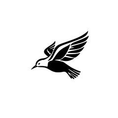 Silhouette of a bird in mid-flight, captured in black and white, minimalist and illustrative, against a plain white background.