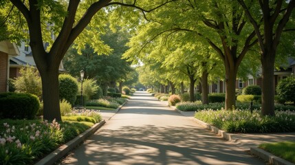Obraz premium Serene Tree-Lined Street with Blooming Flowers and Soft Sunlight