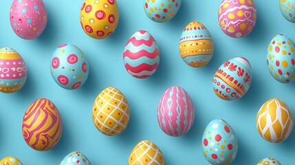 Obraz premium Pattern of colorful painted Easter eggs on blue background.