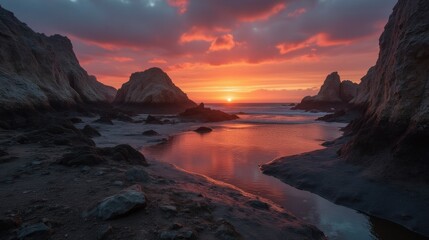 Obraz premium Stunning Sunset Over Serene Shoreline with Majestic Rock Formations