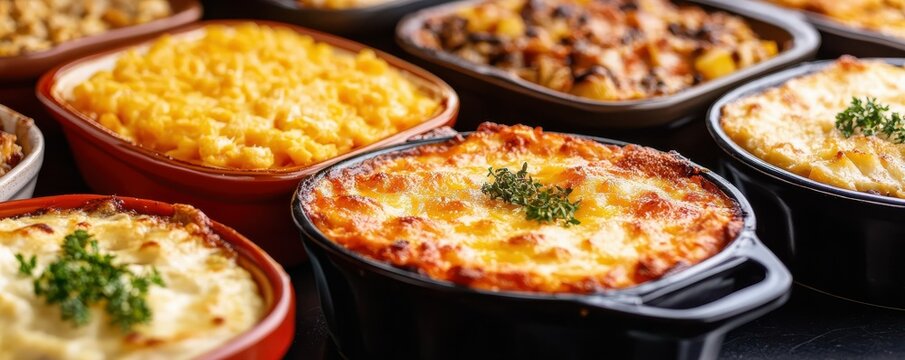 Assorted baked casseroles and savory dishes with cheese and herbs