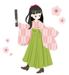 卒業式でピンクの二尺袖に袴を着た女の子のイラスト