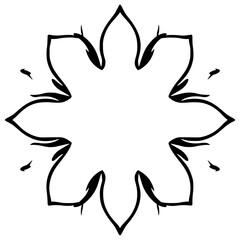 Black ink drawing of an eight-petaled stylized flower. Simple, floral, symmetrical design.