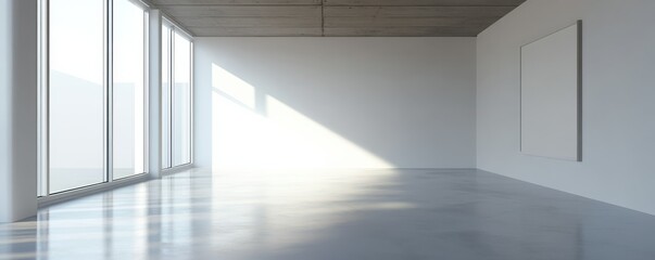 Obraz premium Minimalist empty room with large windows and concrete ceiling in bright natural light