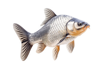 Fototapeta premium Closeup of fresh common carp fish with detailed scales and fins, isolated on white transparent background, concept of aquatic life