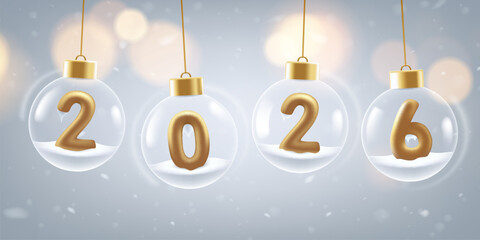 Happy new year 2026. Golden 3D numbers in a transparent shiny Christmas ball with icicles and snow in background. Holiday greeting card design.