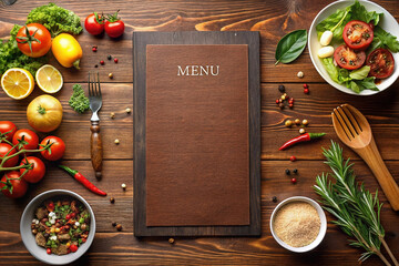 Restaurant menu design, fresh vegetables, wooden table, overhead shot, food photography
