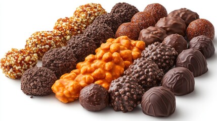 Assorted gourmet chocolate treats arranged beautifully on a white background, ideal for dessert displays