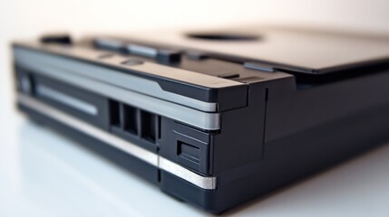 Close-up of a sleek, black scanner's side profile, showcasing its design details and ports.