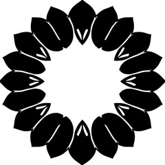 Black and white circular floral abstract design with a halo-like effect.