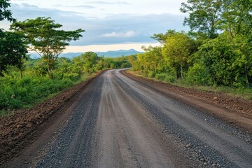 Fototapeta premium Landscape of gravel road in countryside with meadow. Road in rainy season