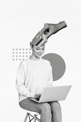 Vertical collage picture of arm fingers hold put book head black white gamma girl use netbook...