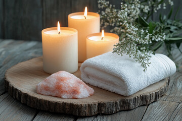 Spa relaxation setup with candles, towel, and salt on a rustic wooden surface. Generative AI
