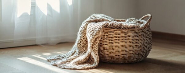Fototapeta premium Cozy knit blanket in woven basket by sunlit window on wooden floor