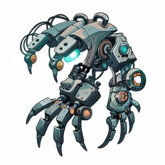 A robot with a blue face and green eyes