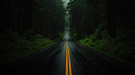 Obraz premium Dark Forest Road Winding Through Tall Trees