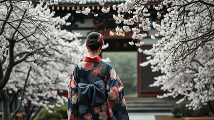 Fototapeta premium Japanese Woman in a Traditional Kimono A Japanese woman dressed in an elegant kimono, walking through a historic temple garden in Kyoto. 