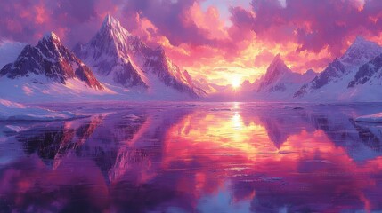 Pink sunset over snowy mountains reflected in calm water; serene landscape