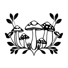 Black and White Forest Mushroom Composition,  minimalist illustration.