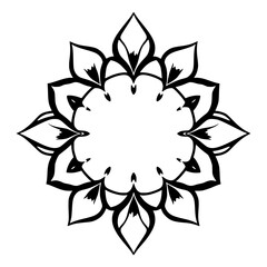 Black and white symmetrical flower with sharp petals, floral design.