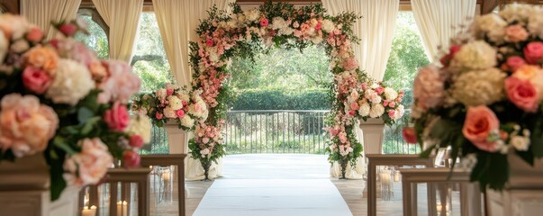 Elegant outdoor wedding ceremony with floral archway and romantic décor