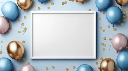 Birthday or holiday mockup with frame, blue and gold balloons on blue background.