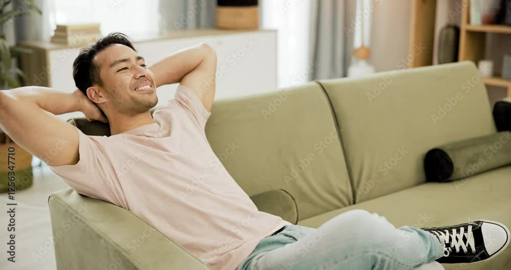 Poster man, cellphone and relax on sofa in home or work break or texting communication, rest or vacation pl