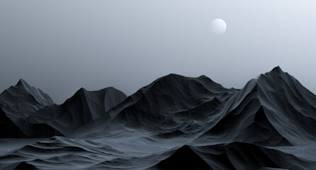 Mountain rocks and a planet in the sky, a gloomy landscape. A dark gloomy landscape of rocky stone reliefs and a planet in the sky,abstraction. 3D render. © Binkontan