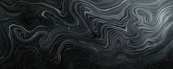 Abstract black and gray marble texture with dynamic swirls and white speckles