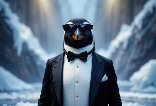 Un elegante ping&uuml;ino vestido con un cl&aacute;sico esmoquin negro, pajarita y gafas de sol brillantes, parado en un escenario helado con una mirada confiada

