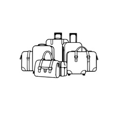 Group of travel suitcases and bags in a monochromatic style on a white background.