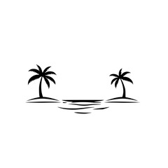 Black ink minimalist illustration of two palm trees on an island, with a hint of water.