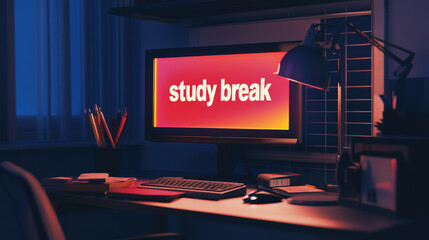 Study Desk at Night with a ‘Study Break’ Sign on Screen