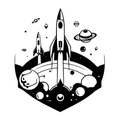 Obraz premium A dynamic vector illustration of two rockets soaring through space with planets.
