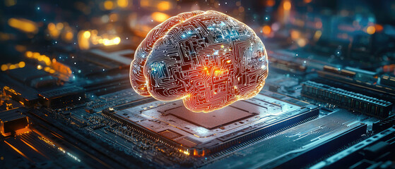 Futuristic depiction of a glowing brain on a microchip surrounded by digital circuitry and lights
