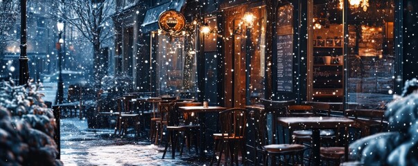 Fototapeta premium Cozy european street café in winter snowfall