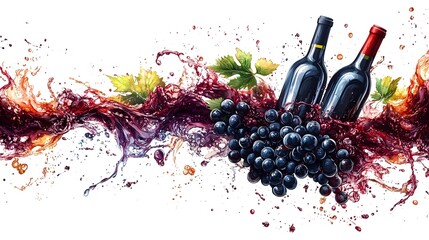 Fototapeta premium Splashing Red Wine and Grapes on a Vibrant Background