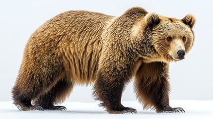 A brown bear stands in profile on a plain background