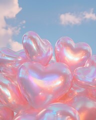 Obraz premium iridescent heart balloons in the blue sky valentine's day background love theme romantic aesthetic