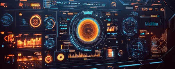 Futuristic hud interface with digital analytics and dynamic data visualization
